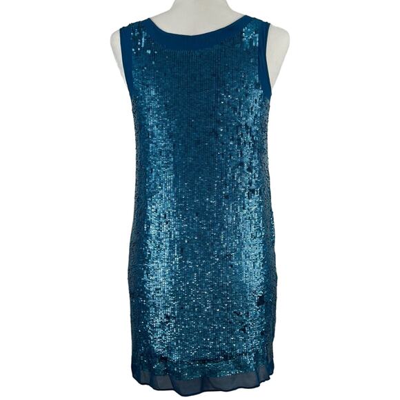 Shoshanna Womens 2 Leandra Mini Dress 100% Silk Turquoise Blue Sequin Party Sexy - Picture 6 of 11